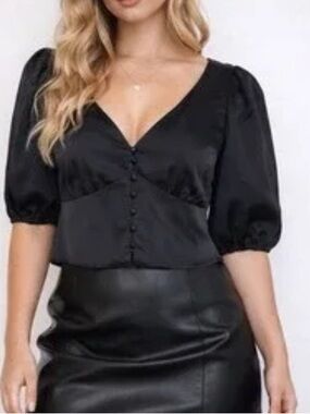 Abercrombie & Fitch Corset Back Tie Puff Sleeve Top XS Black Babydoll Satin